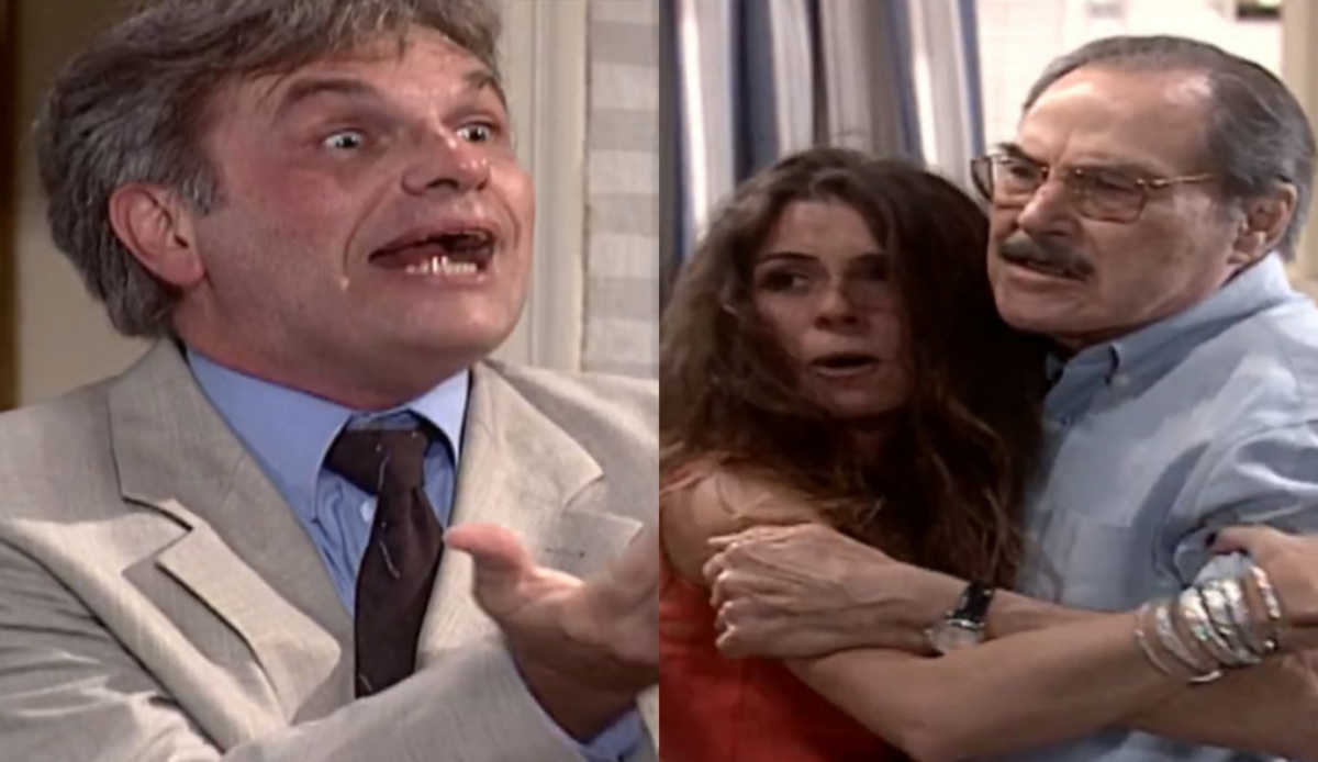 Orlando (Henri Pagnoncelli), Capitu (Giovanna Antonelli) e Pascoal (Leonardo Villar) de Laços de Família