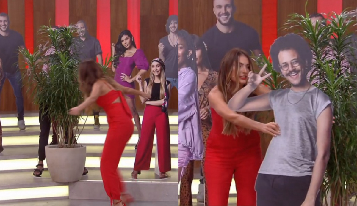 Patrícia Poeta e o totem de João Luiz, do BBB 21, no Encontro
