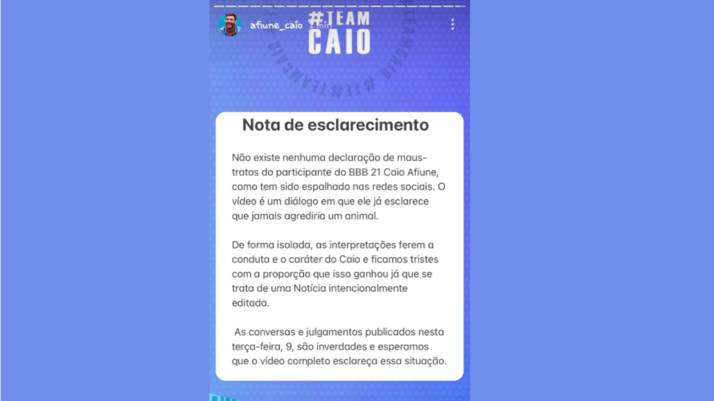 Assessoria de Caio esclarece as falas do fazendeiro no BBB 21