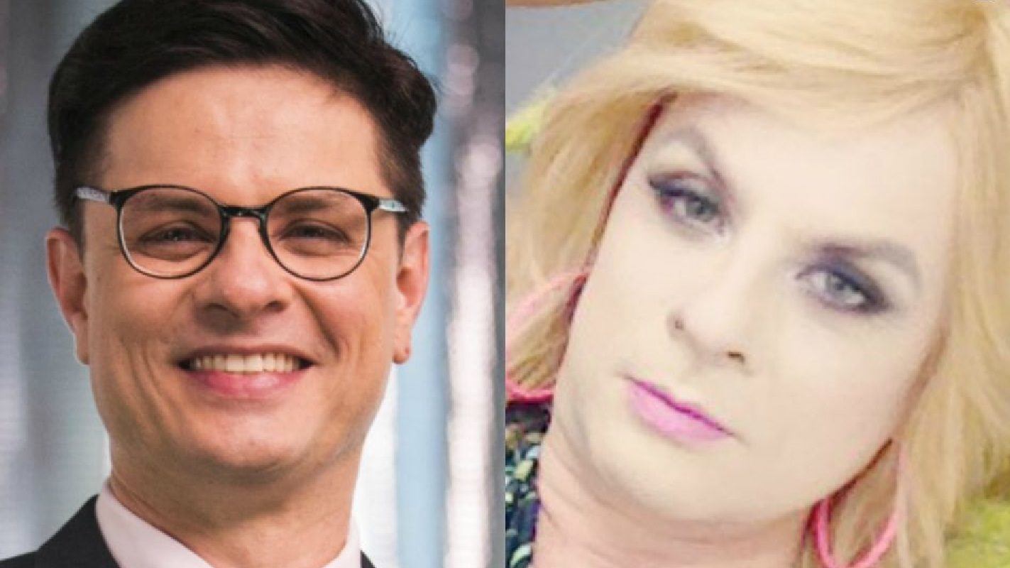 Alessandro Brandão como Rouge, em sua versão advogado (à esquerda) e drag queen (à direita), em Pega Pega (Divulgação / Globo)