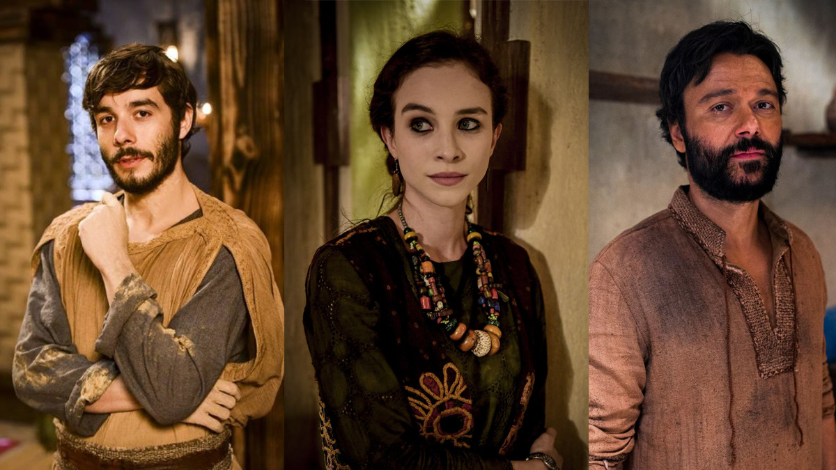 Abrão (Vitor Novello), Sarai (Laryssa Ayres) e Terá (Ângelo Paes Leme), de Gênesis (Reprodução/Record TV)