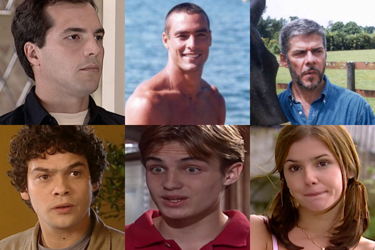 Alex (Daniel Boaventura), Romeu (Paulo Zulu), Pedro (José Mayer), Severino (Cláudio Gabriel), Fábio (Max Fercondini) e Íris (Deborah Secco) de Laços de Família