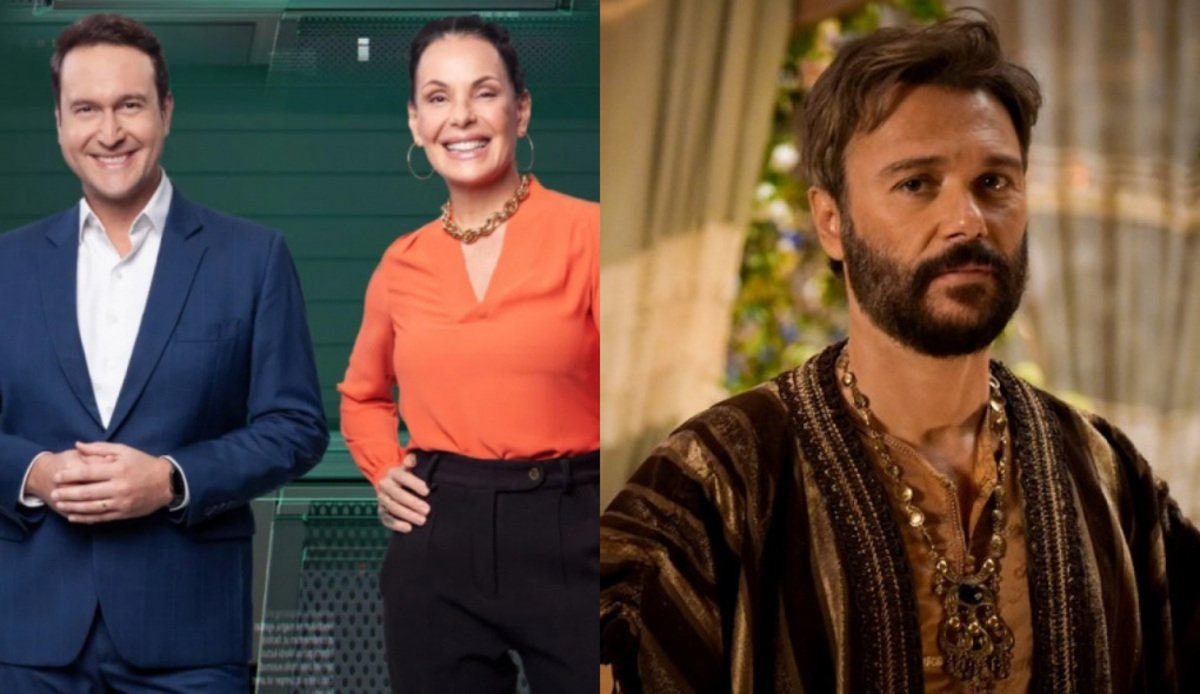 Carolina Ferraz e Edu Ribeiro no Domingo Espetacular e Terá (Angelo Paes Leme) na novela Gênesis