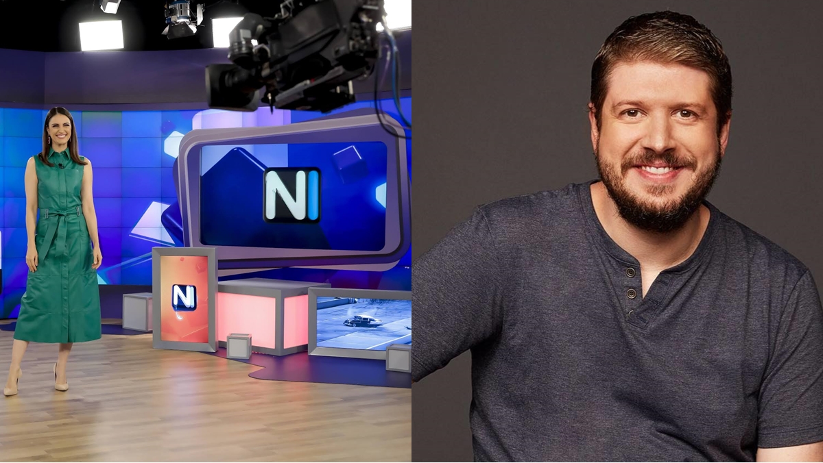 Chris Flores apresenta o Notícias Impressionantes no SBT, com narração de Marcelo Caodaglio (Reprodução SBT/Montagem Obsevatório da TV)