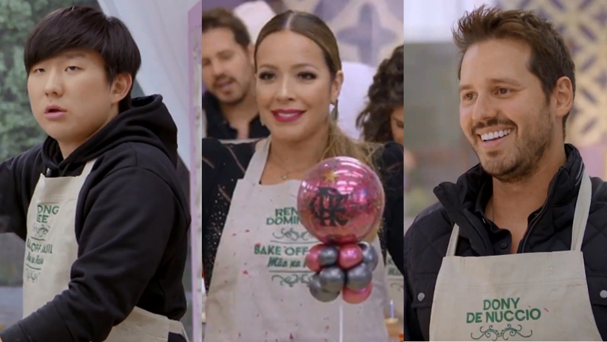 Pyong Lee, Renata Dominguez e Dony de Nuccio durante prova no Bake Off Brasil (Reprodução: SBT)