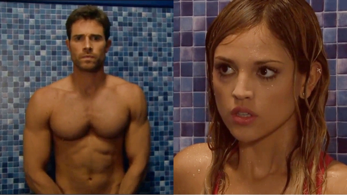 Nikki flagra Gusmão pelado em Amores Verdadeiros (Reprodução: Televisa S.A.)