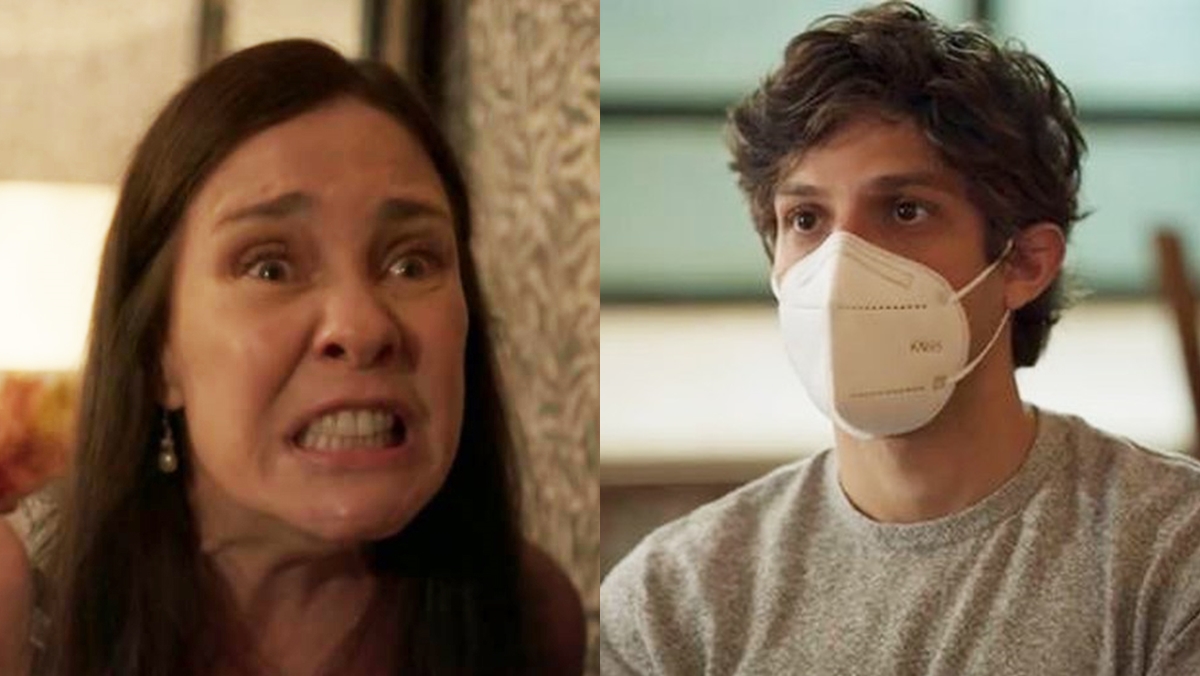 Thelma (Adriane Esteves) é desmascarada por Danilo (Chay Suede) em Amor de Mãe (Reprodução: Globo)