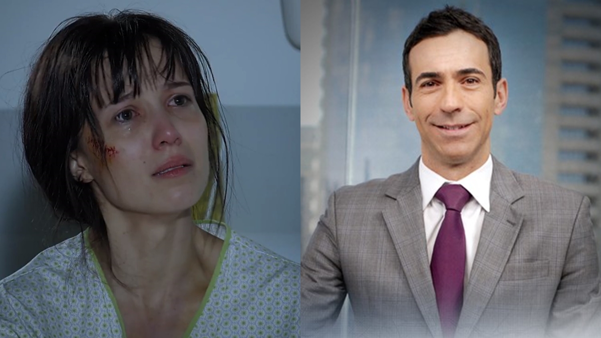 Marjorie Estiano em cena de A Vida da Gente e César Tralli no SPTV (Reprodução: Globo/Montagem Observatório da TV)