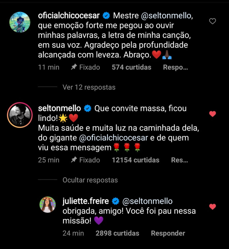 Selton Mello e Chico César comentam publicação de Juliette