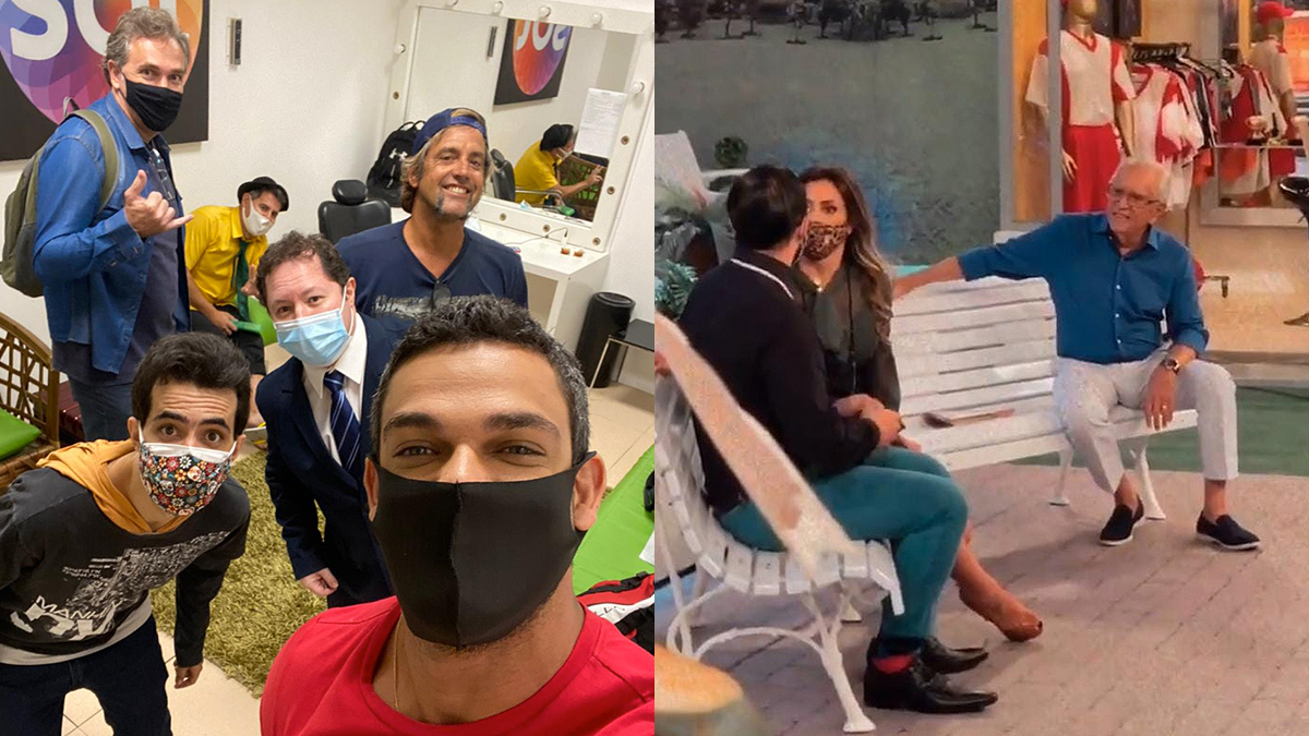 Elenco de A Praça É Nossa no camarim do SBT; à direita, Carlos Alberto de Nóbrega ensaia com Renata Brás e Davi Novaes