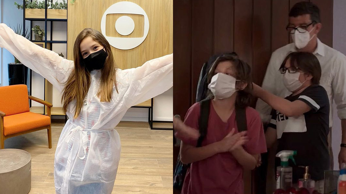 Clara Galinari e Gianlucca Mauad se protegem contra a Covid-19 na Globo