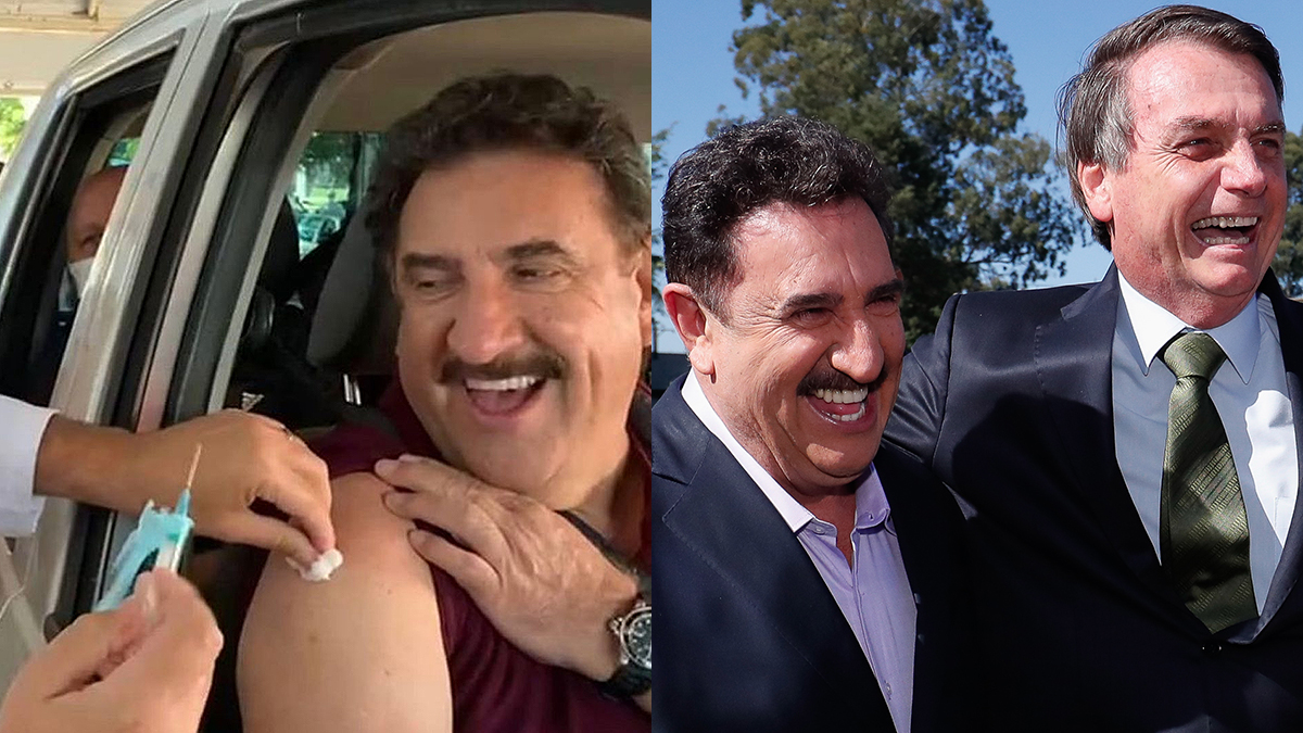 Ratinho toma primeira dose de vacina contra a Covid-19; à direita, apresentador ri com o presidente Jair Bolsonaro
