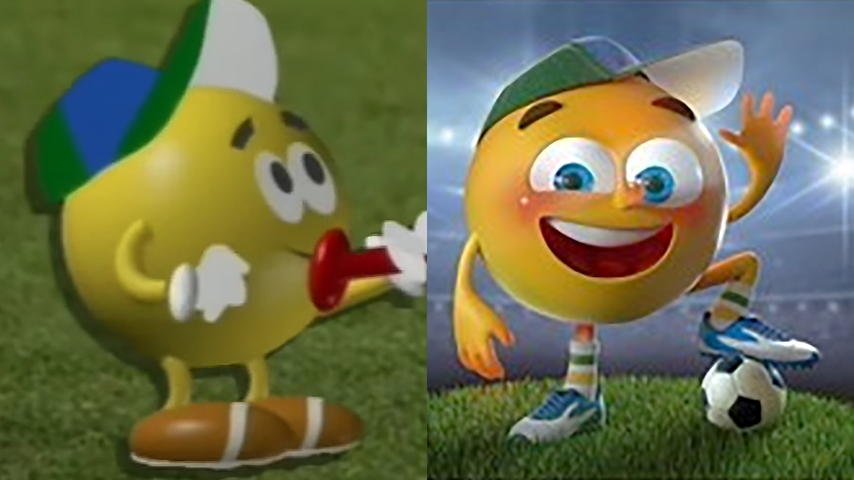 Amarelinho, mascote das transmissões de futebol do SBT, em 1994 e atualmente