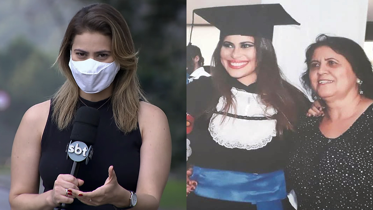 A repórter Fernanda Arantes no SBT e ao lado da tia, Ana Maria, vítima da Covid-19