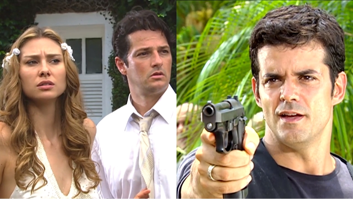 Lavínia Vlasak (Clarice), Marcelo Serrado (Daniel) e Jorge Pontual (Detetive Júlio Ladeira) em cena de Prova de Amor (Reprodução: Record TV)