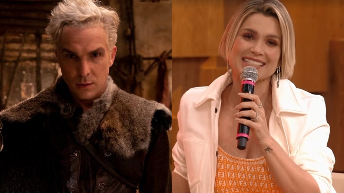 Igor Rickli como Lúcifer em Gênesis e Flávia Alessandra em participação no programa Encontro (Reprodução/Montagem Observatório da TV)
