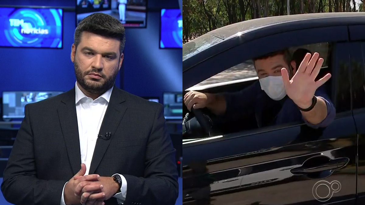 O jornalista Thiago Ariosi, âncora do Tem Notícias 1ª Edição, durante e após o telejornal
