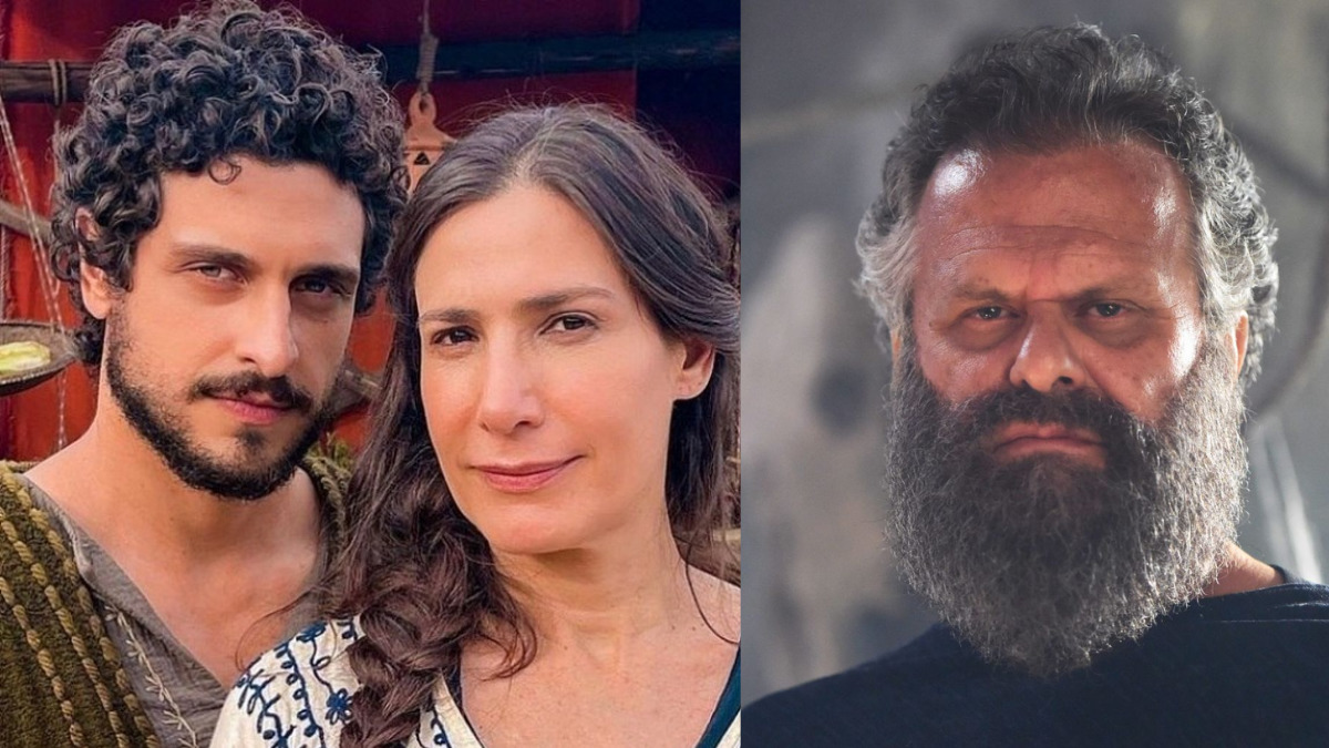 Gate (Mario Bregieira), Najla (Virgínia Cavendish) e Abimeleque (Leonardo Franco) em Gênesis (Reprodução/Record TV)