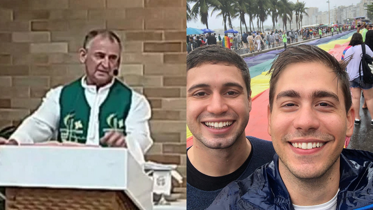 O padre Paulo Antônio Müller e o casal de jornalistas Pedro Figueiredo e Erick Rianelli, da Globo