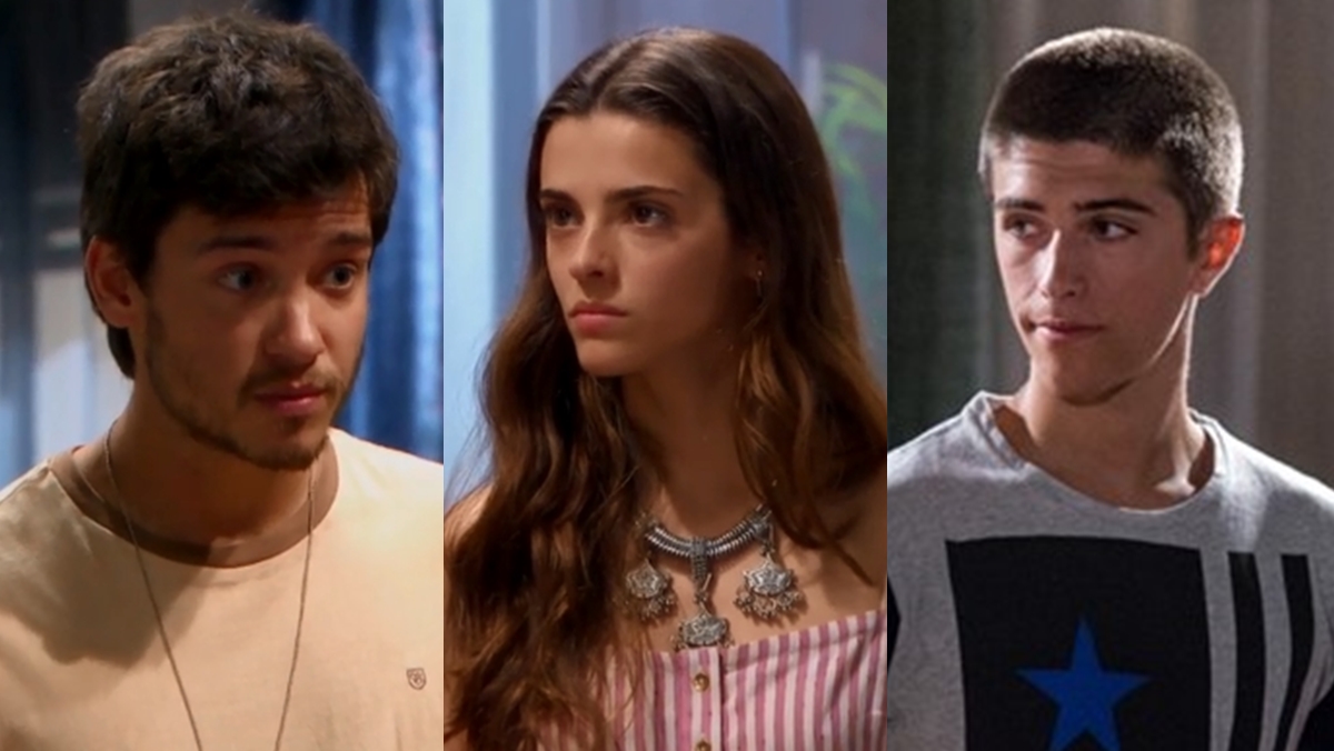 Luís (Filipe Matos) e Érica (Joana Aguiar) e Cris (João Maria Maneiro) em cena de Nazaré (Reprodução: SIC)