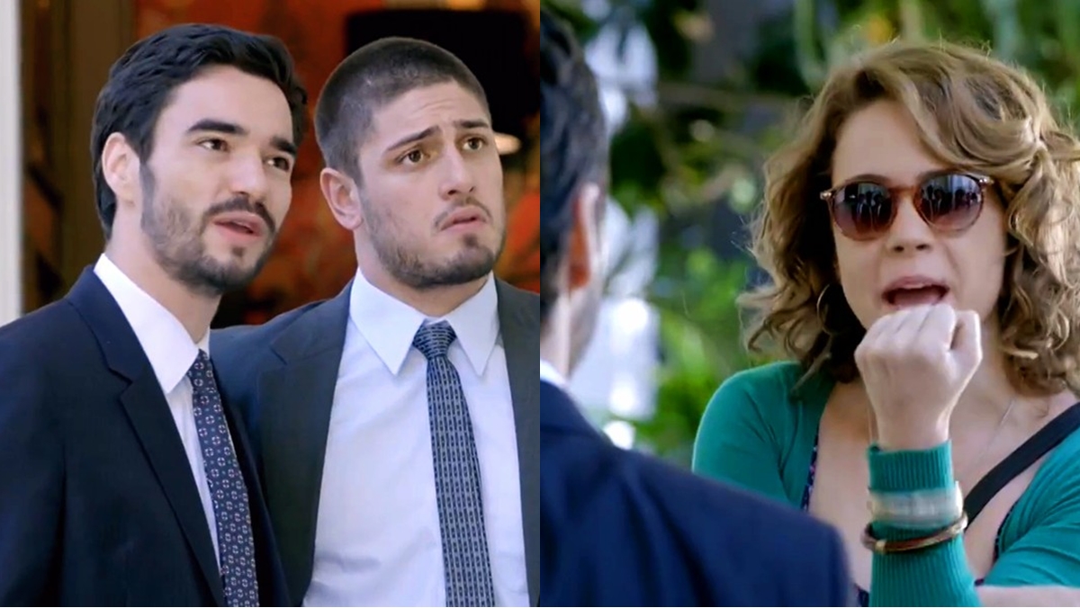 Cristina (Leandra Leal) dá uma 'banana' a José Pedro (Caio Blat) na porta da Império — Foto: Globo