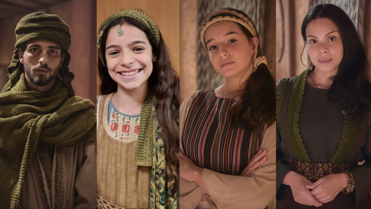 Labão (Brenno Leone), Lia (Bruna Perdigão), Zilpa (Kiria Malheiros) e Yarin (Cacau Melo) em Gênesis (Reprodução/Record TV)