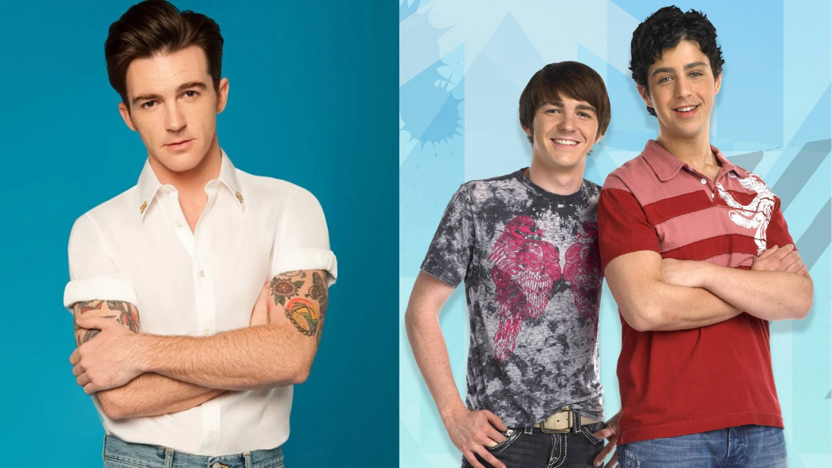 O ator Drake Bell, aos 34 anos, e ao lado, com seu parceiro na série Drake e Josh (Divulgação)