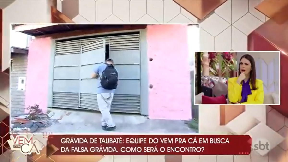 Chris Flores no Vem pra Cá enquanto equipe procura pela grávida de Taubaté (Reprodução / SBT)