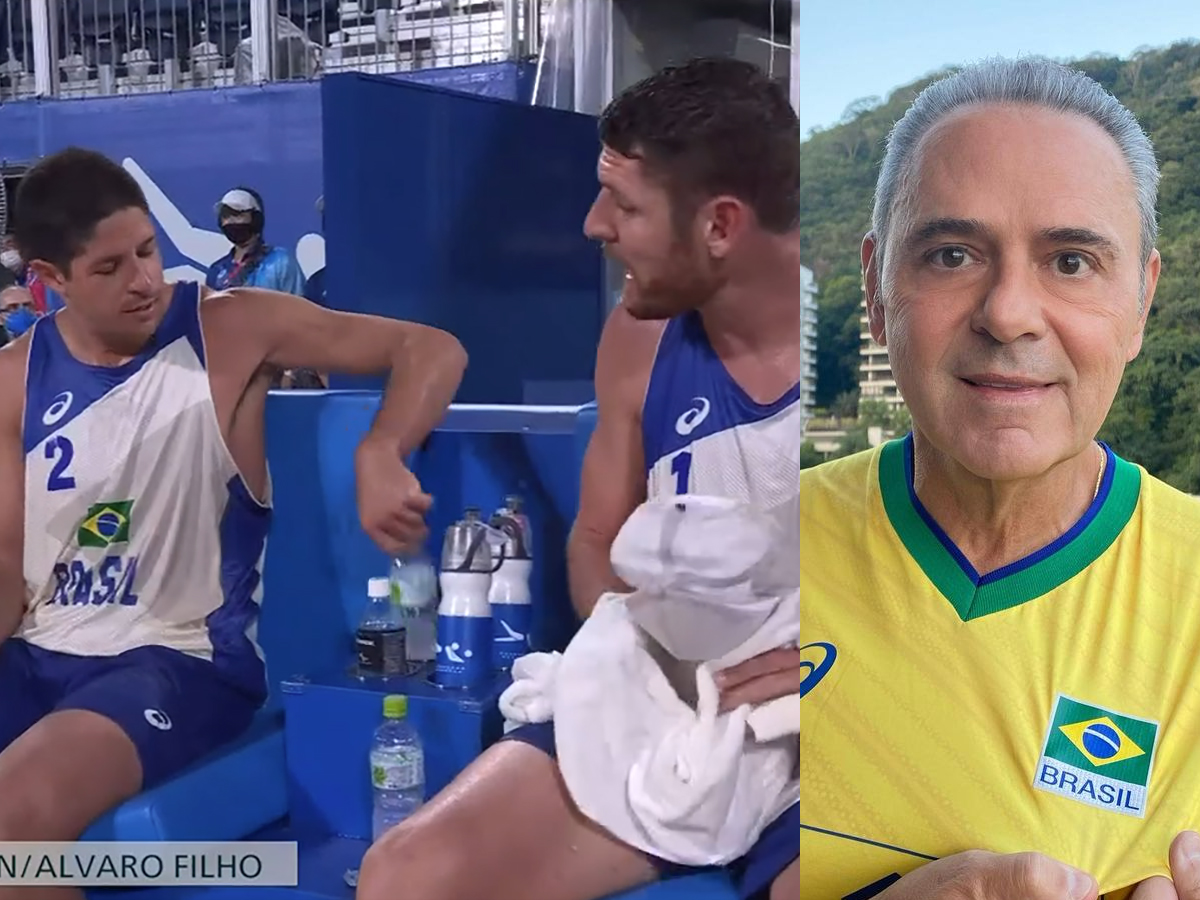 A dupla Álvaro Filho e Alisson, do vôlei de praia, e o narrador Luis Roberto