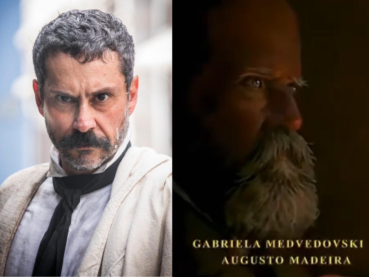 Alexandre Nero e, ao lado, reprodução da imagem de abertura de Nos Tempos do Imperador (Globo)