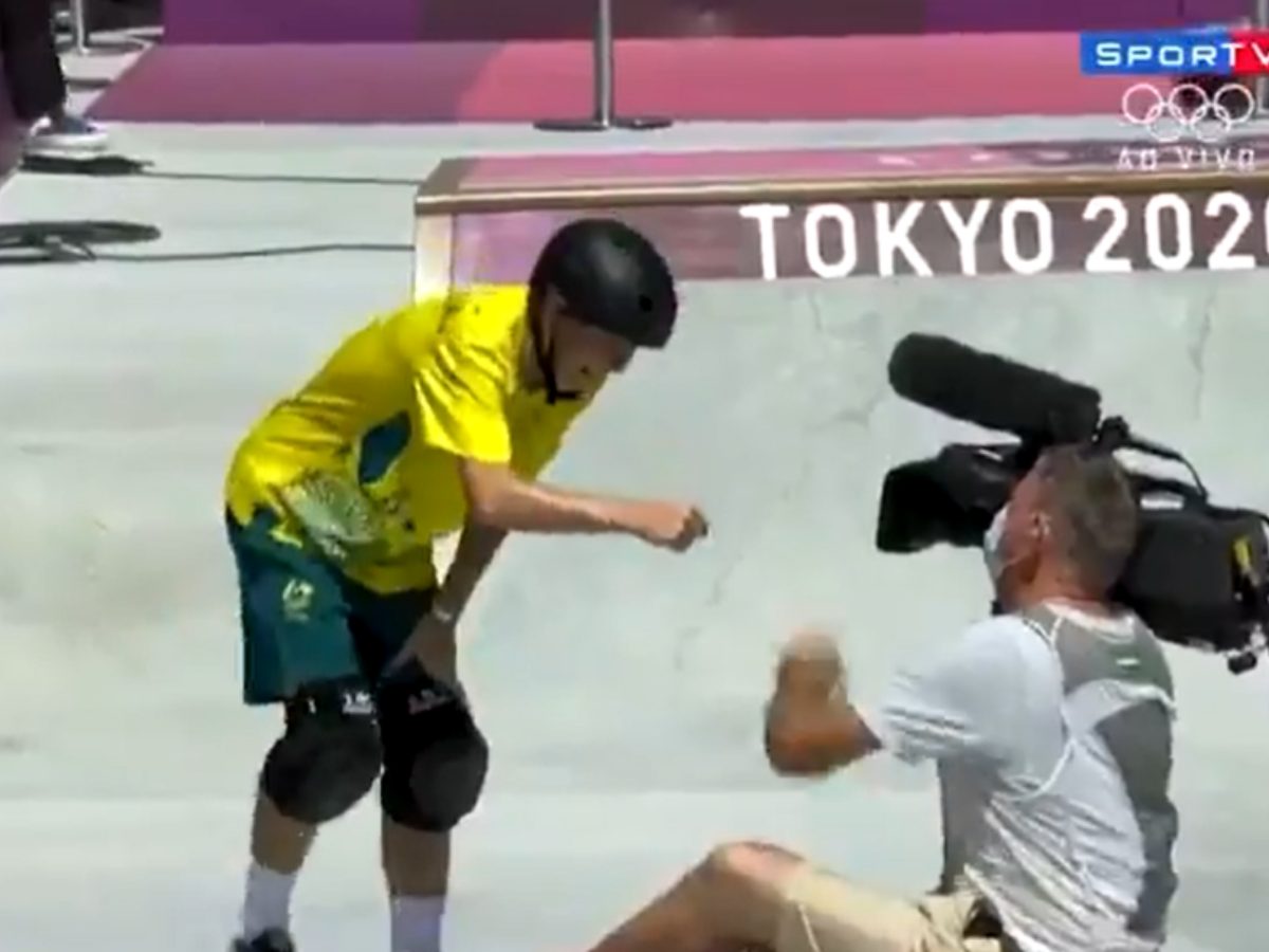 Kieran Woolley atropela cinegrafista na prova de skate park (Reprodução/SporTV)
