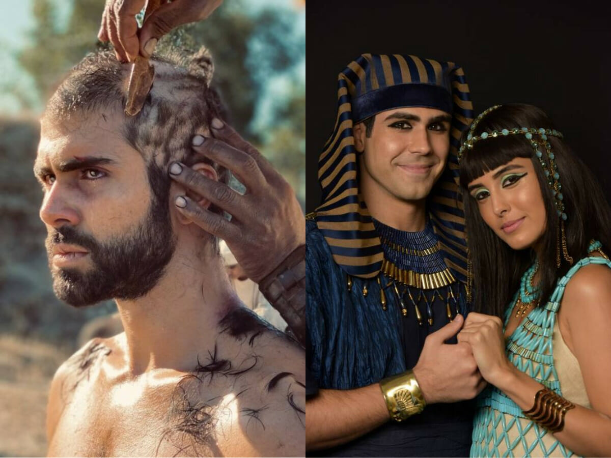 Em Gênesis, Juliano Laham como escravo e, ao lado, homem poderoso com Letícia Almeida (Divulgação - Record TV)
