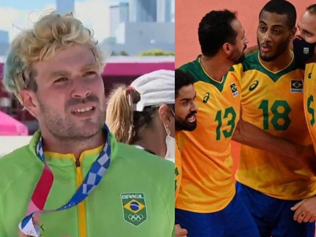 Pedro Barros, vencedor do skate park, e atletas da seleção brasileira masculina de vôlei na Olimpíada