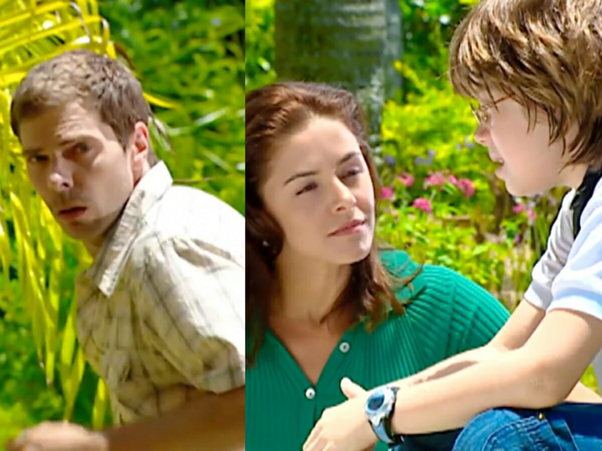 Pestana (Luiz Henrique Nogueira), Joana (Bianca Rinaldi) e Joãozinho (Pedro Malta) de Prova de Amor