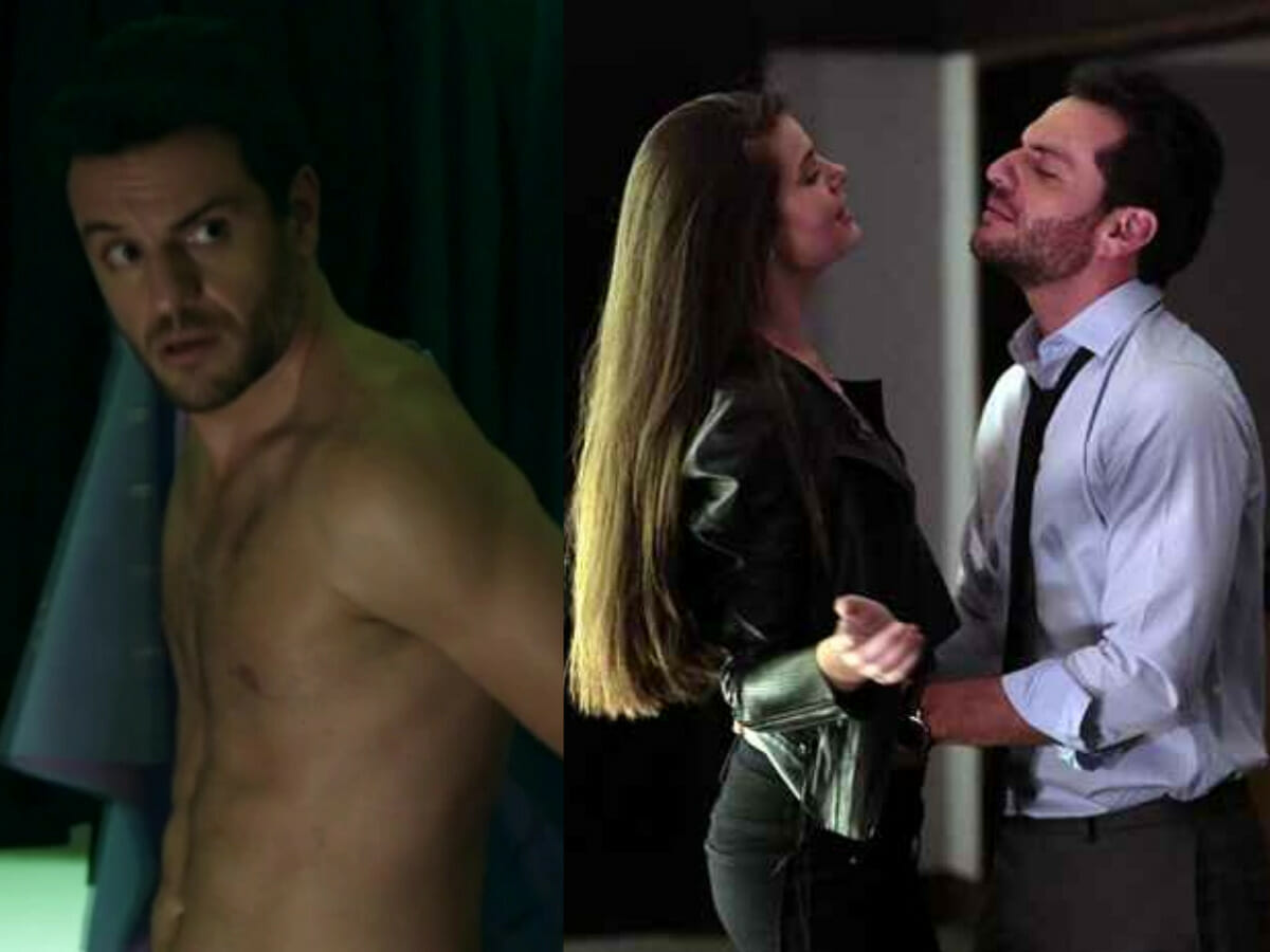 Rodrigo Lombardi é Alex em Verdades Secretas / Ele em cena com Camila Queiroz, a Angel (Reprodução)