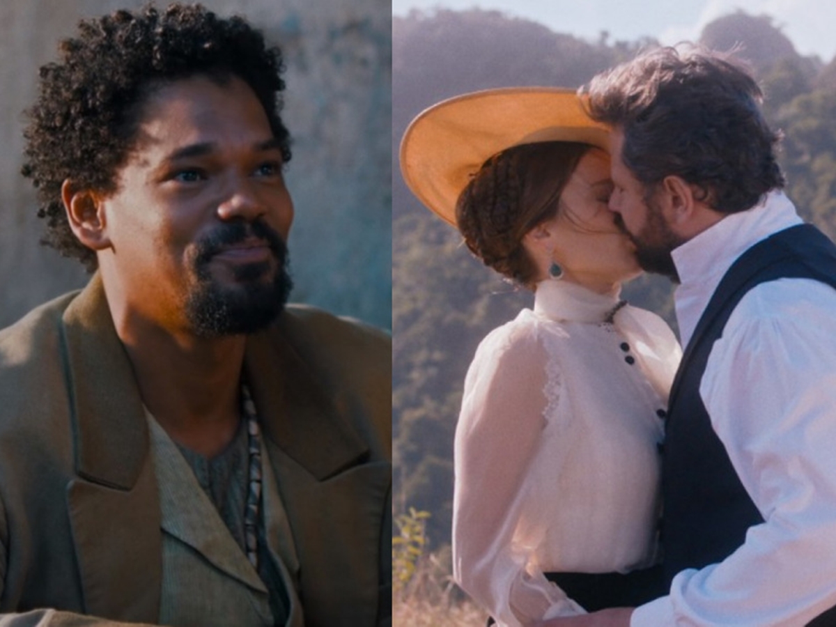 Samuel (Michel Gomes), Luísa (Mariana Ximenes) e Pedro (Selton Mello) de Nos Tempos do Imperador