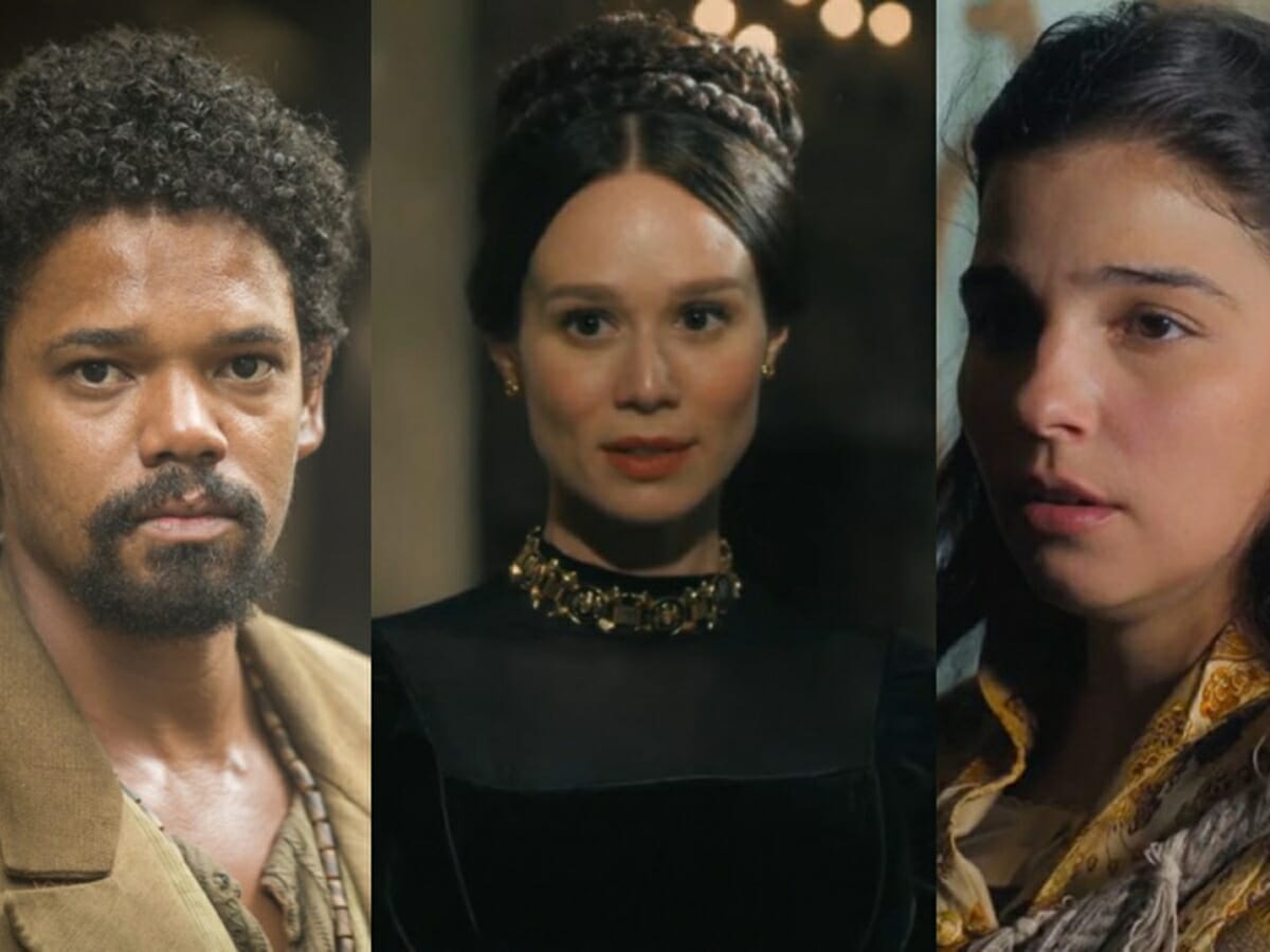 Samuel (Michel Gomes), Luísa (Mariana Ximenes) e Pilar (Gabriela Medvedovski) de Nos Tempos do Imperador