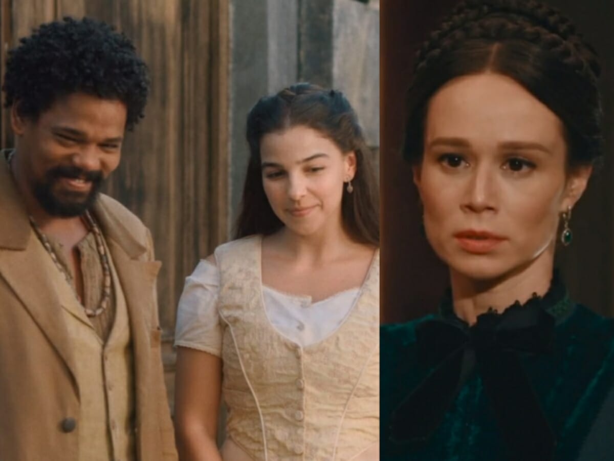 Samuel (Michel Gomes), Pilar (Gabriela Medvedovski) e Luísa (Mariana Ximenes) de Nos Tempos do Imperador