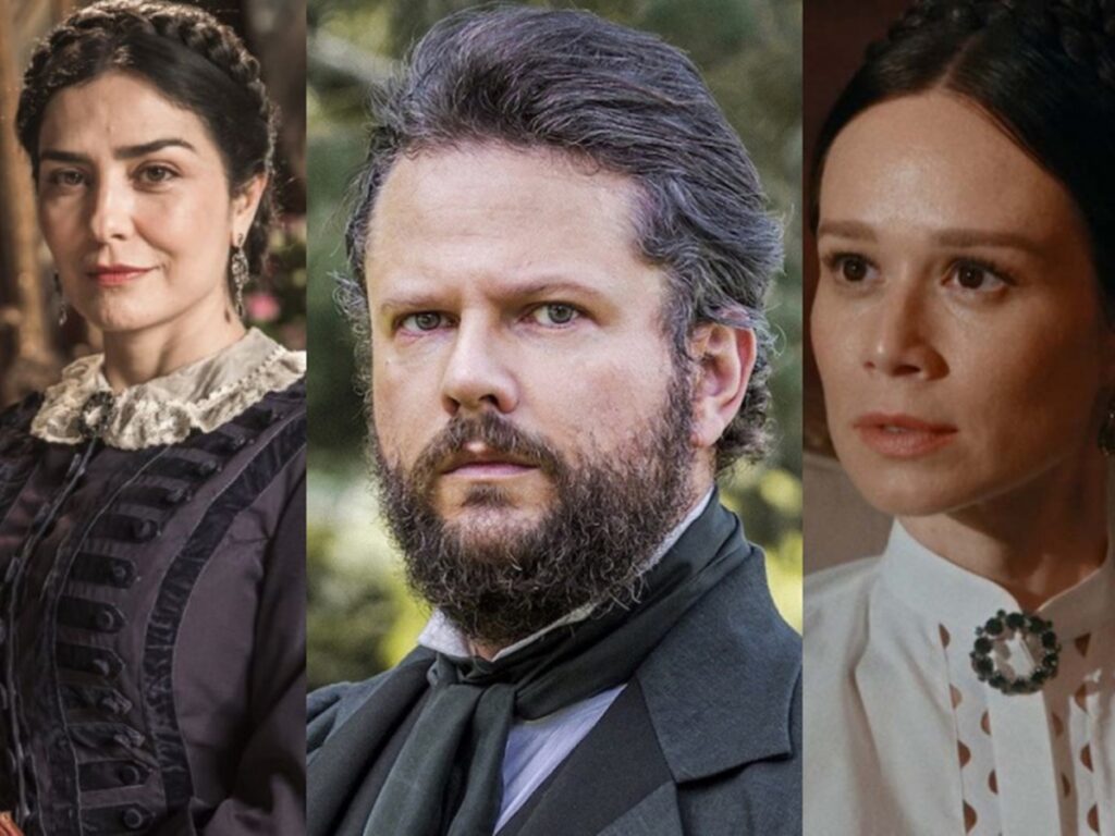 Teresa (Let&iacute;cia Sabatella), Pedro (Selton Mello) e Lu&iacute;sa (Mariana Ximenes) de Nos Tempos do Imperador
