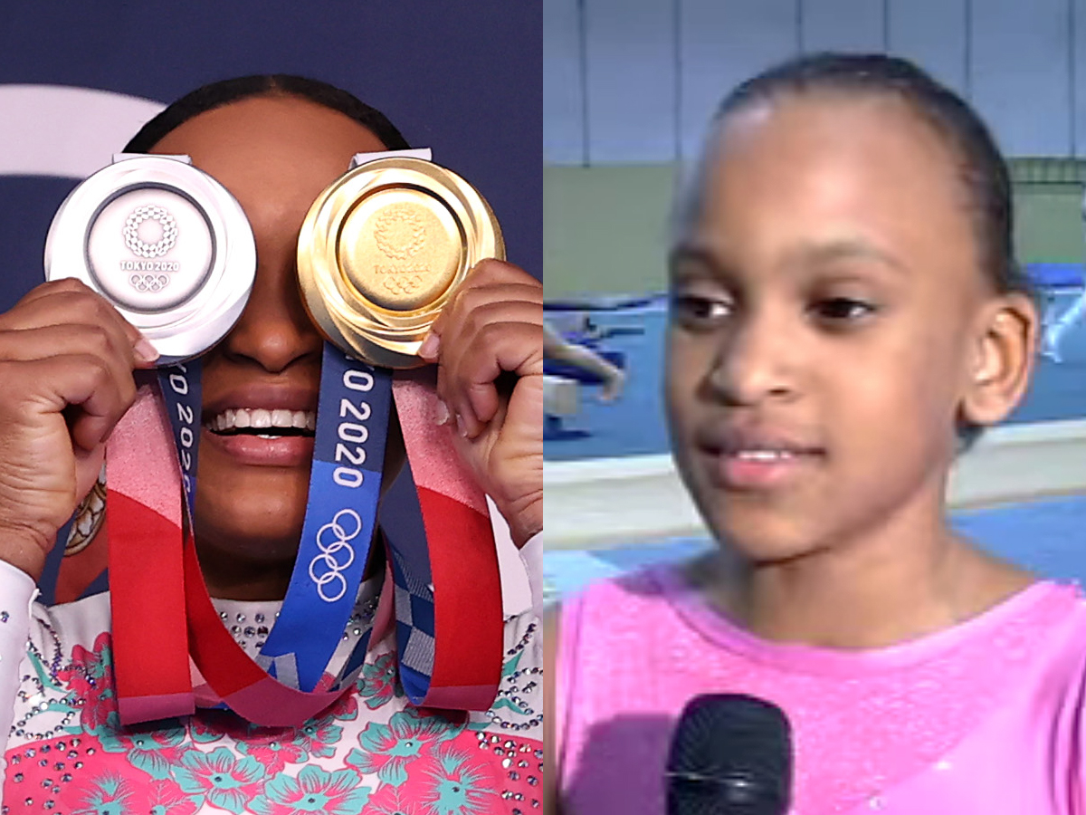 Rebeca Andrade com suas duas medalhas olímpicas em Tóquio; à direita, ginasta em 2009