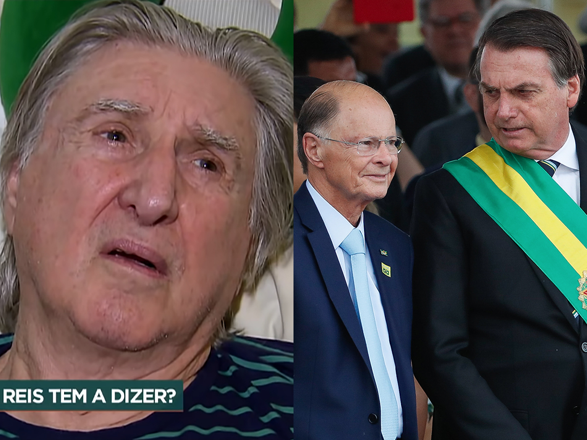 O cantor Sérgio Reis; à direita, Edir Macedo e Jair Bolsonaro