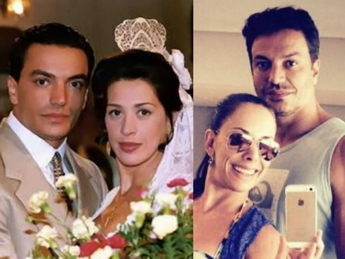 Ator Fábio Dias com Claudia Raia em Terra Nostra e, ao lado, com a atual esposa (Reprodução)