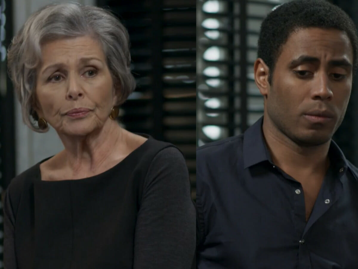 Sabine (Irene Ravache) e Dilson (Ícaro Silva) em Pega Pega (Reprodução/Globo)