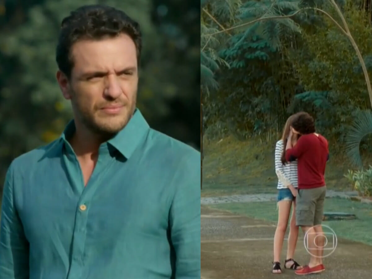 Alex (Rodrigo Lombardi) vê Gui (Gabriel Leone) beijando Angel (Camila Queiroz) em Verdades Secretas (Reprodução/Globo)