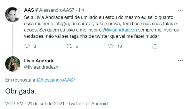 Lívia Andrade respondeu fã no Twitter