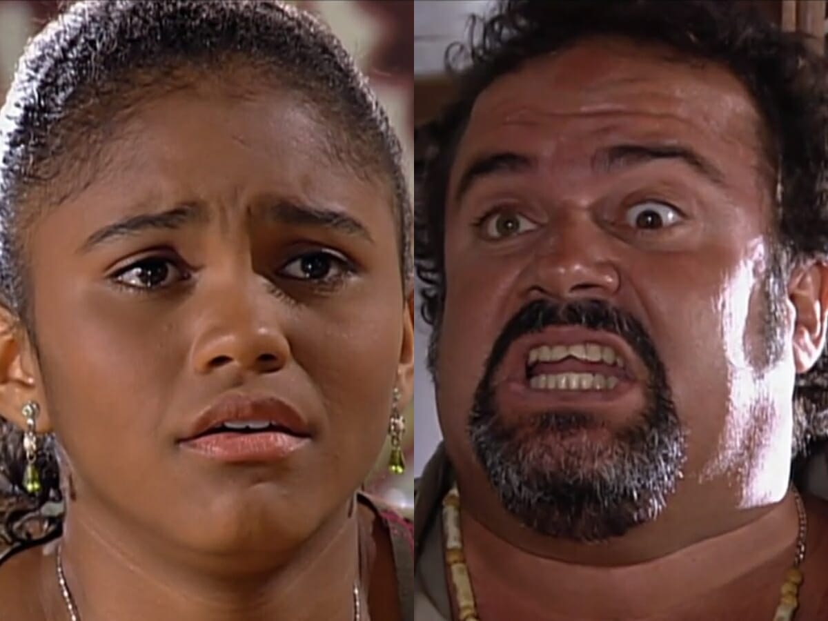 Lúcia (Jéssica Sodré) e Padilha (André Mattos) de Prova de Amor