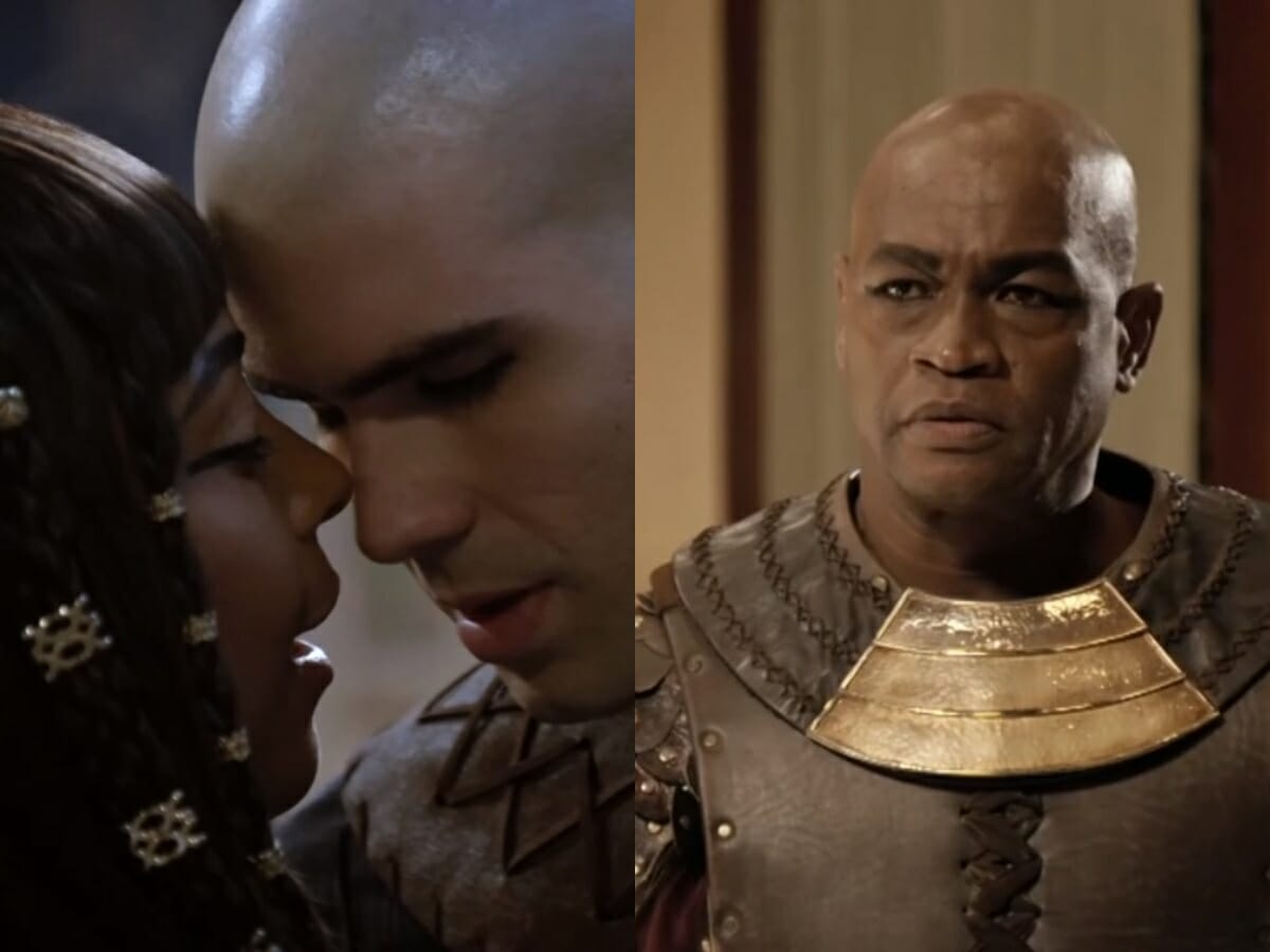 Neferíades (Dandara Albuquerque), José (Juliano Laham) e Potifar (Val Perré) de Gênesis