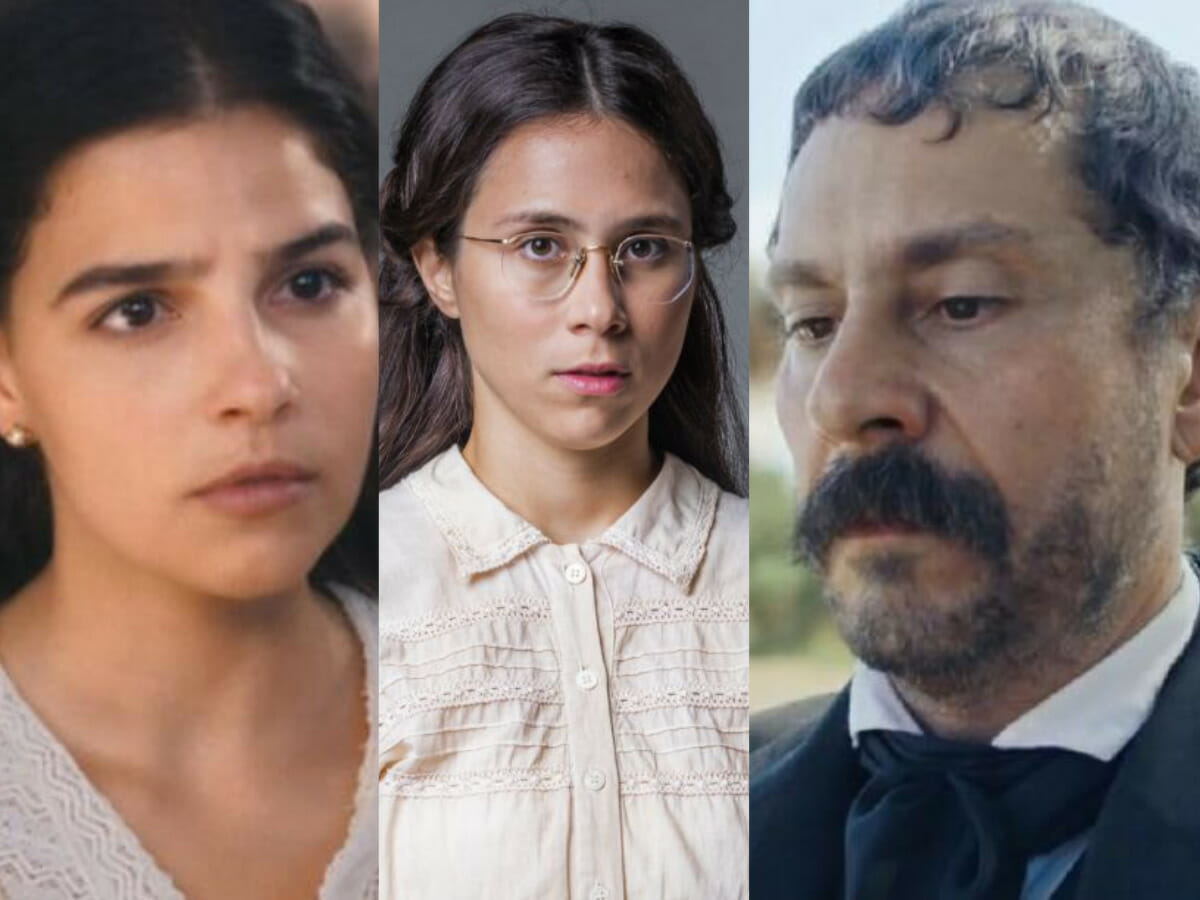 Pilar (Gabriela Medvedovski), Dolores (Daphne Bozaski) e Tonico (Alexandre Nero) em Nos Tempos do Imperador (Reprodução Globo)