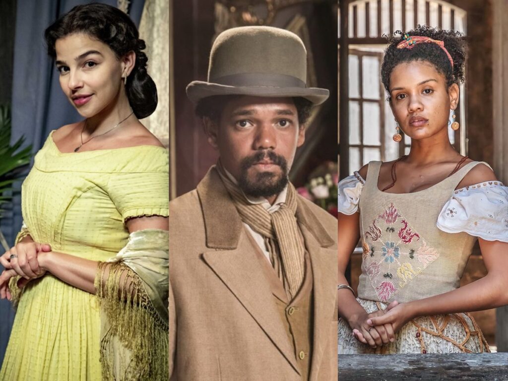 Pilar (Gabriela Medvedovski), Samuel (Michel Gomes) e Zayla (Heslaine Vieira) de Nos Tempos do Imperador