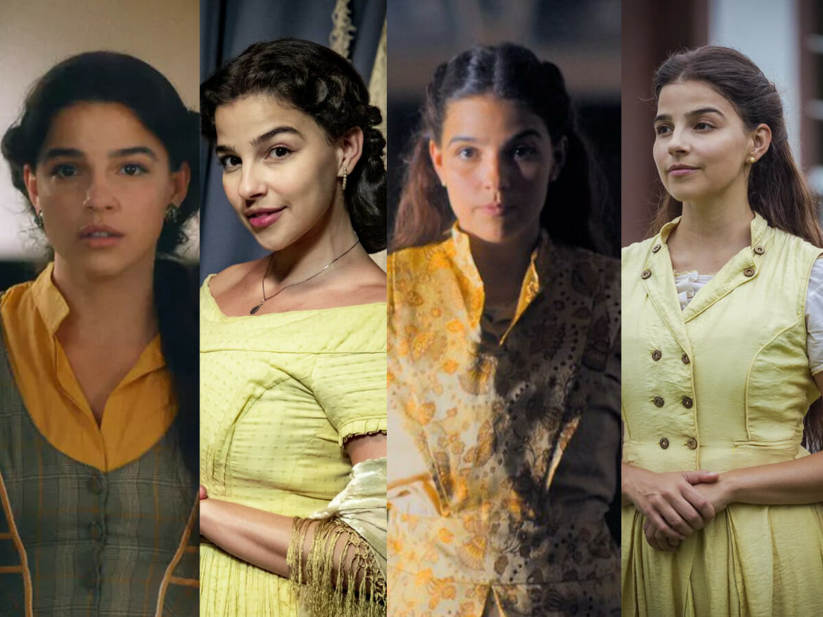 Pilar em diversos momentos com roupas amarelas em Nos do Imperador (Reprodução - Globo)